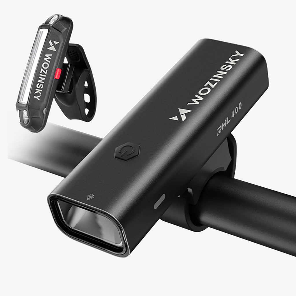 Wozinsky WSBLB2 priekinė (400 lm) ir galinė USB-C dviračio lempos rinkinys - juodas -- Bicycle Lights
