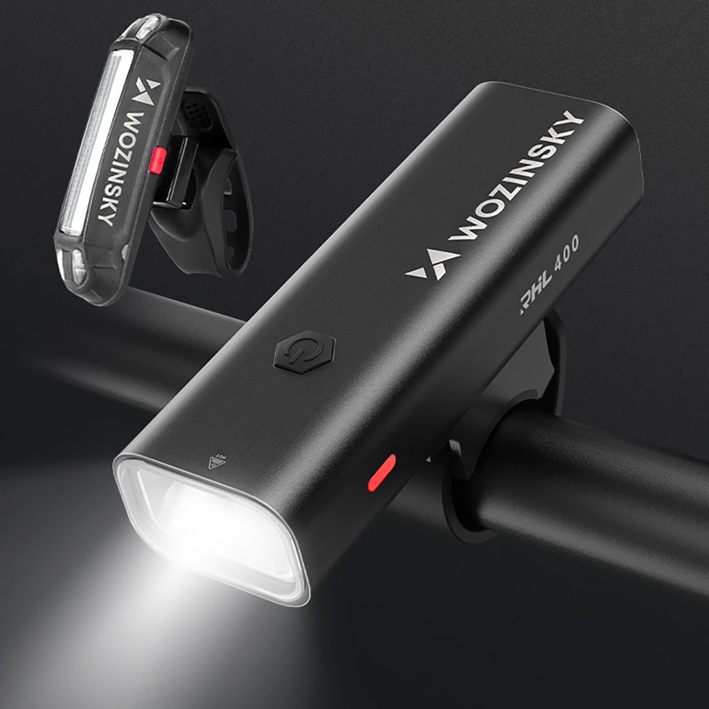 Wozinsky WSBLB2 priekinė (400 lm) ir galinė USB-C dviračio lempos rinkinys - juodas -- Bicycle Lights