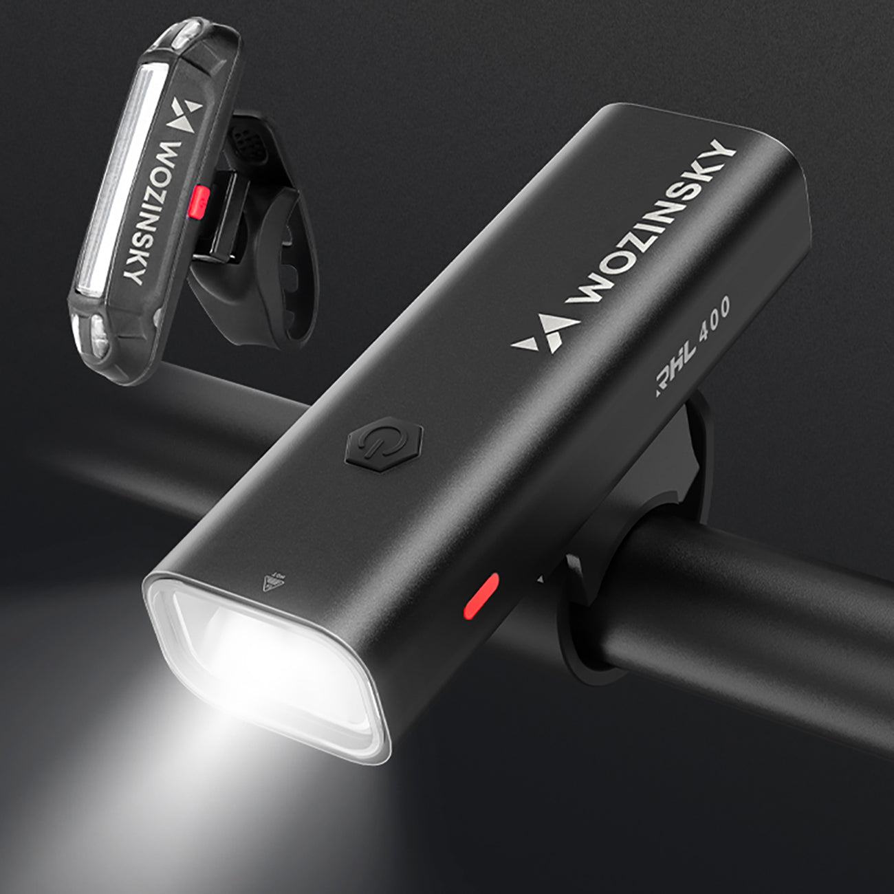 Wozinsky WSBLB2 priekinė (400 lm) ir galinė USB-C dviračio lempos rinkinys - juodas -- Bicycle Lights