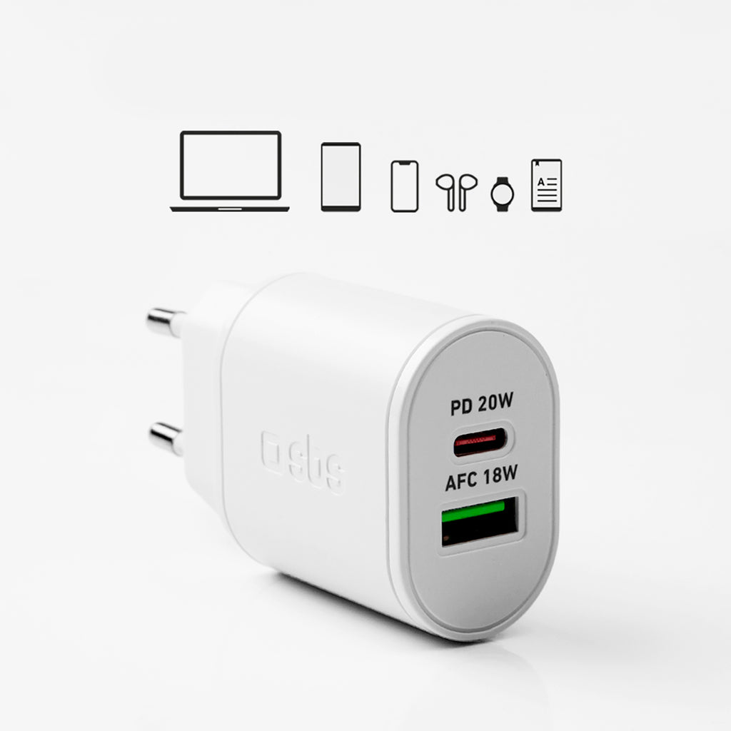 SBS TETRPD20W 20W USB-A USB-C sieninis įkroviklis su Power Delivery - baltas -- Cell phone chargers