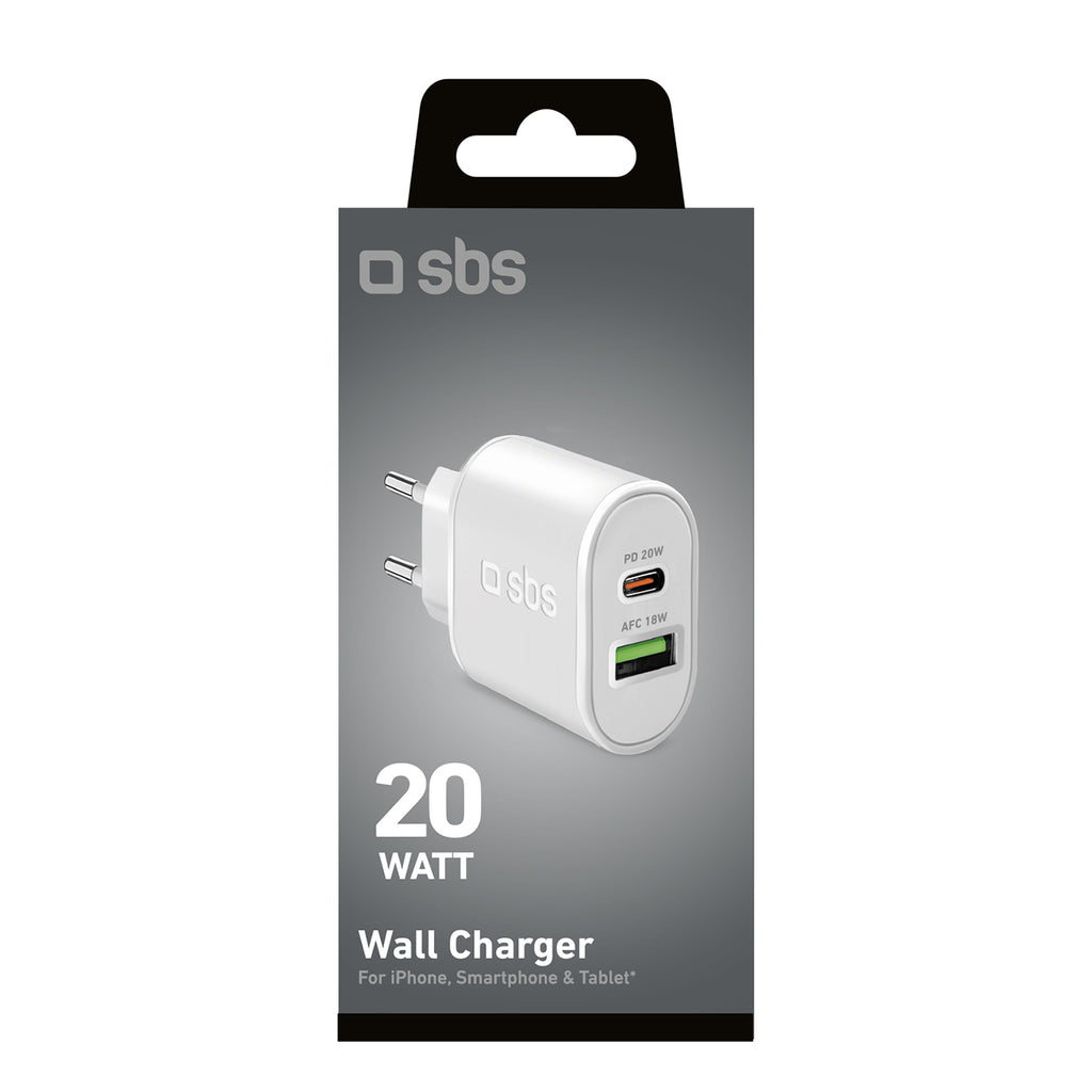 SBS TETRPD20W 20W USB-A USB-C sieninis įkroviklis su Power Delivery - baltas -- Cell phone chargers