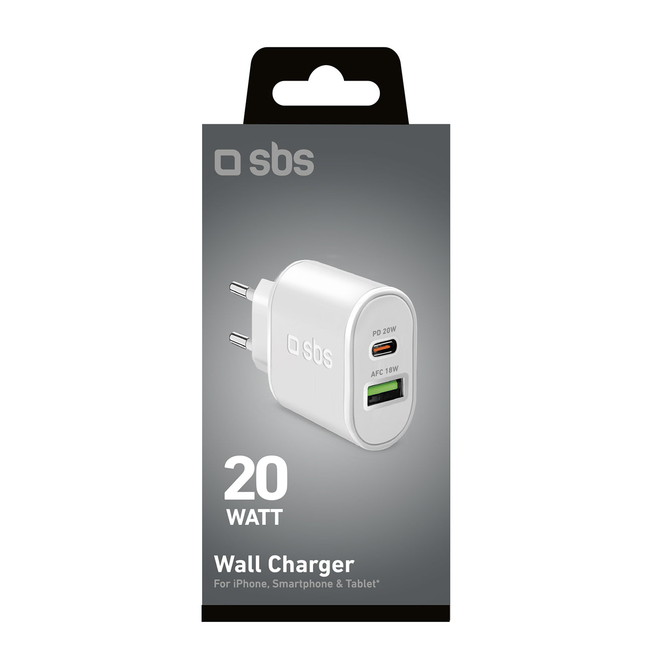 SBS TETRPD20W 20W USB-A USB-C sieninis įkroviklis su Power Delivery - baltas -- Cell phone chargers