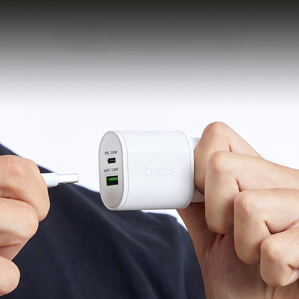 SBS TETRPD20W 20W USB-A USB-C sieninis įkroviklis su Power Delivery - baltas -- Cell phone chargers
