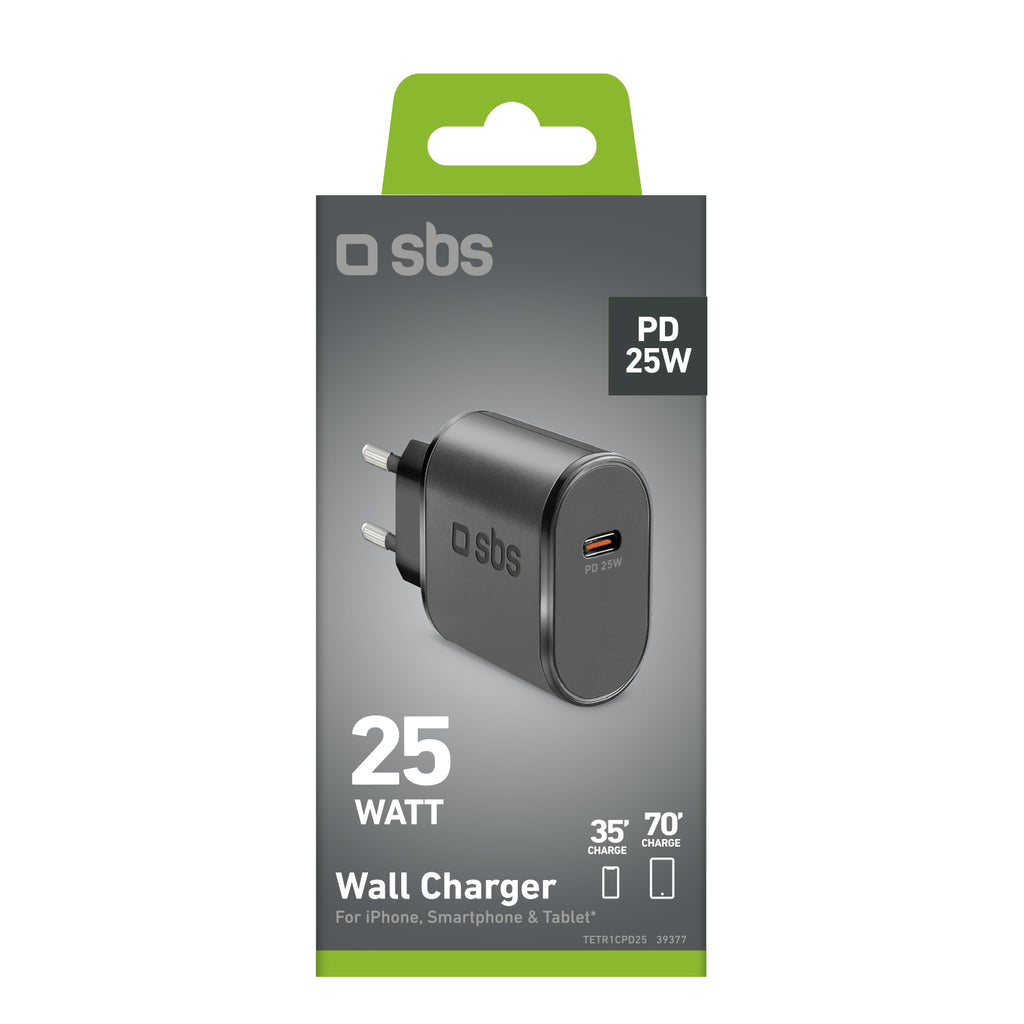 SBS TETR1CPD25 25W USB-C sieninis įkroviklis su Power Delivery - juodas -- Cell phone chargers
