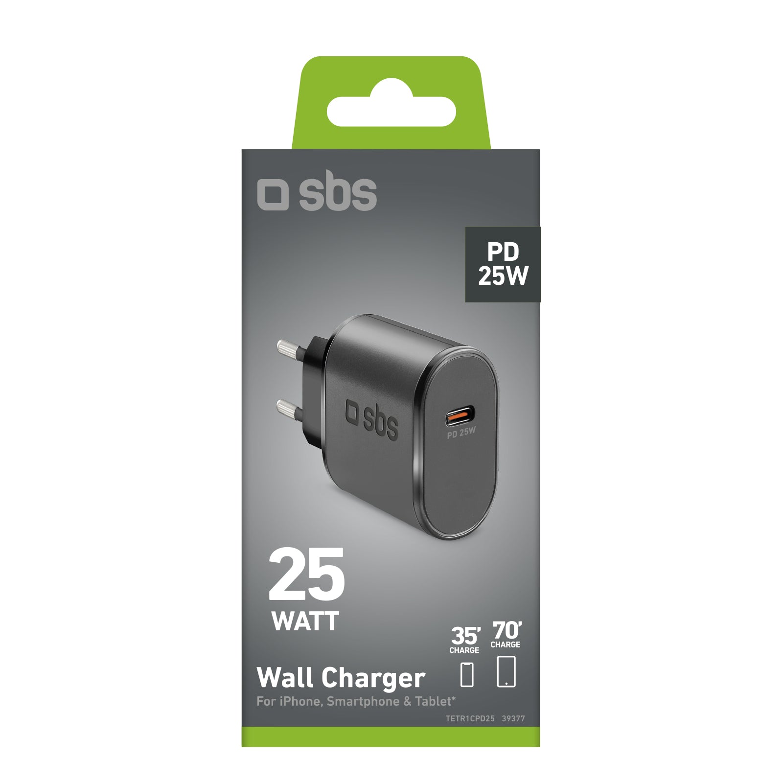SBS TETR1CPD25 25W USB-C sieninis įkroviklis su Power Delivery - juodas -- Cell phone chargers