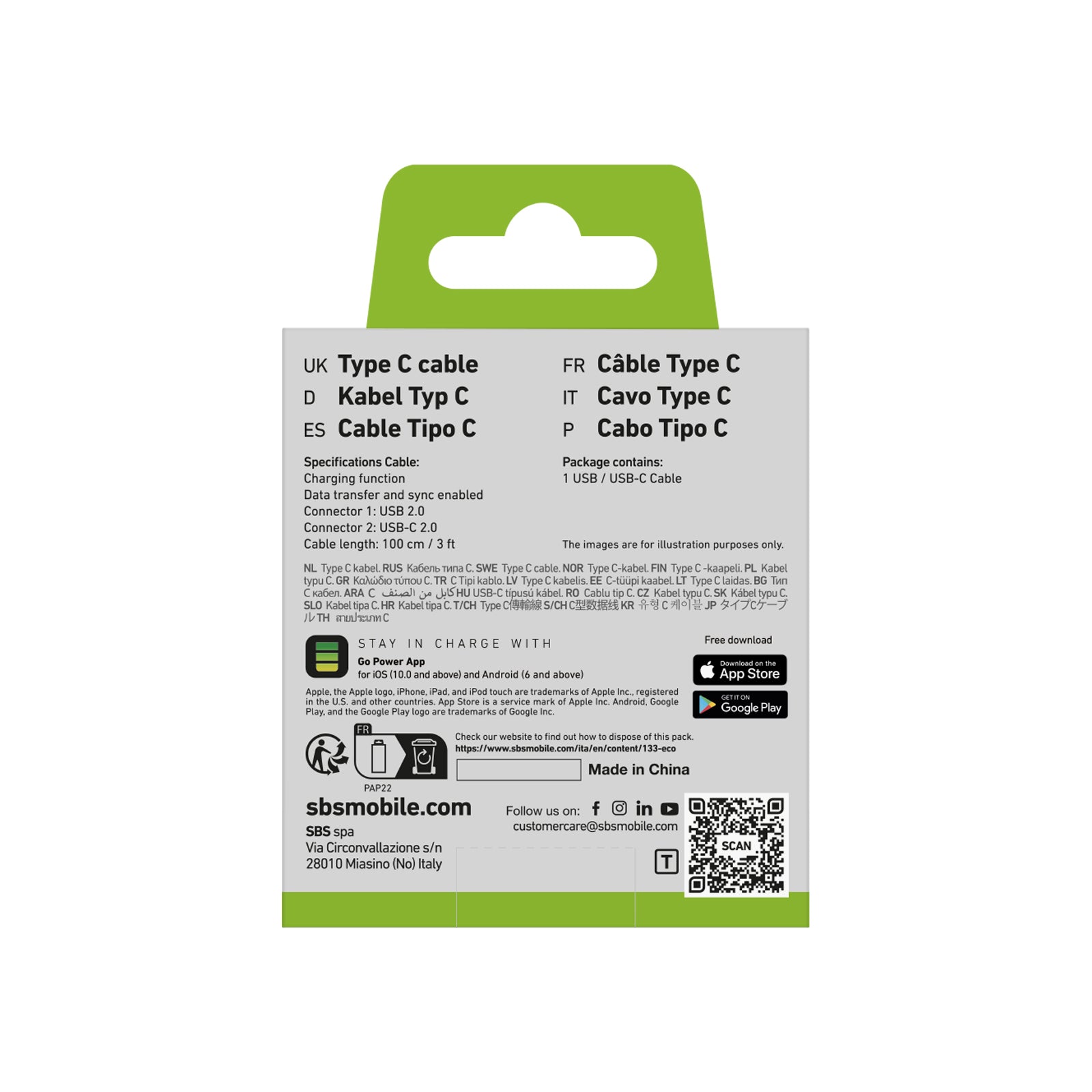 SBS TECABLETYC1KPOS USB-A - USB-C laidas 1m - juodas