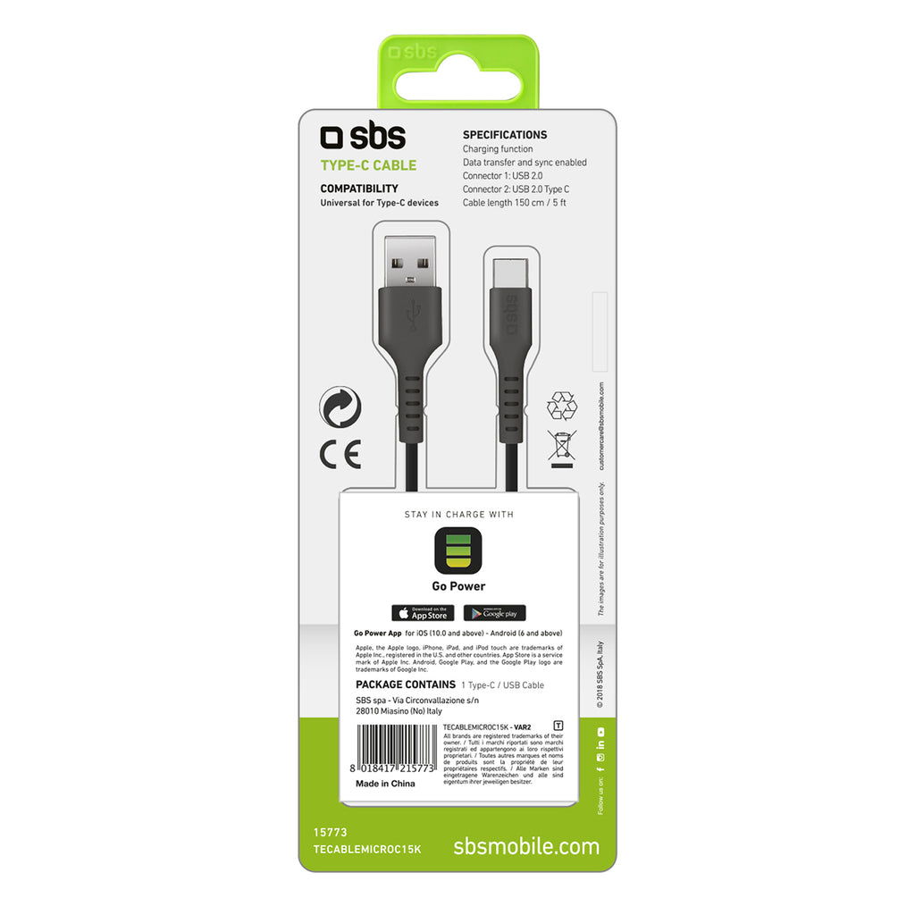 SBS TECABLEMICROC15K USB-A - USB-C laidas 1.5m - juodas -- Cell phone cables