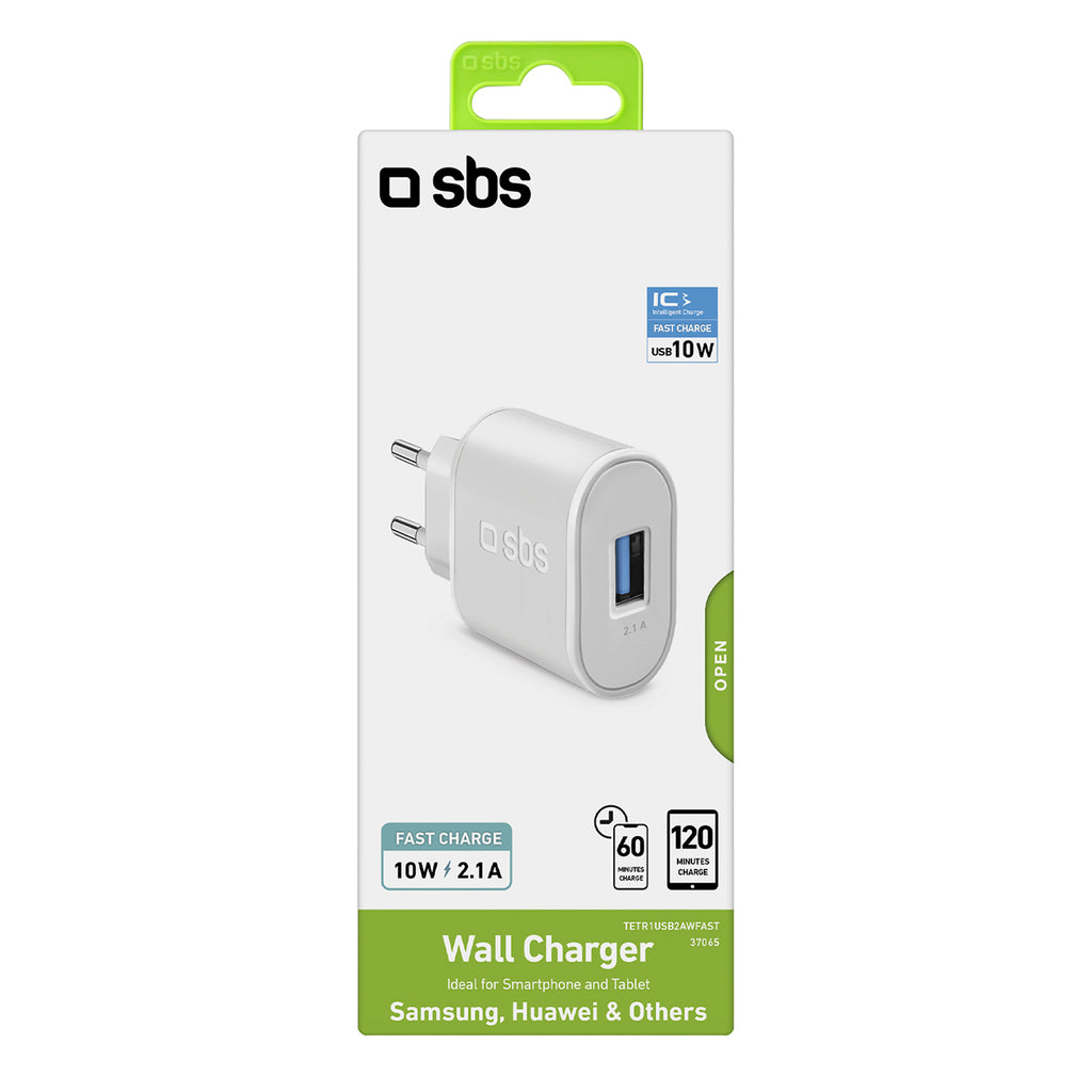 SBS TETR1USB2AWFAST 10W USB-A sieninis įkroviklis - baltas