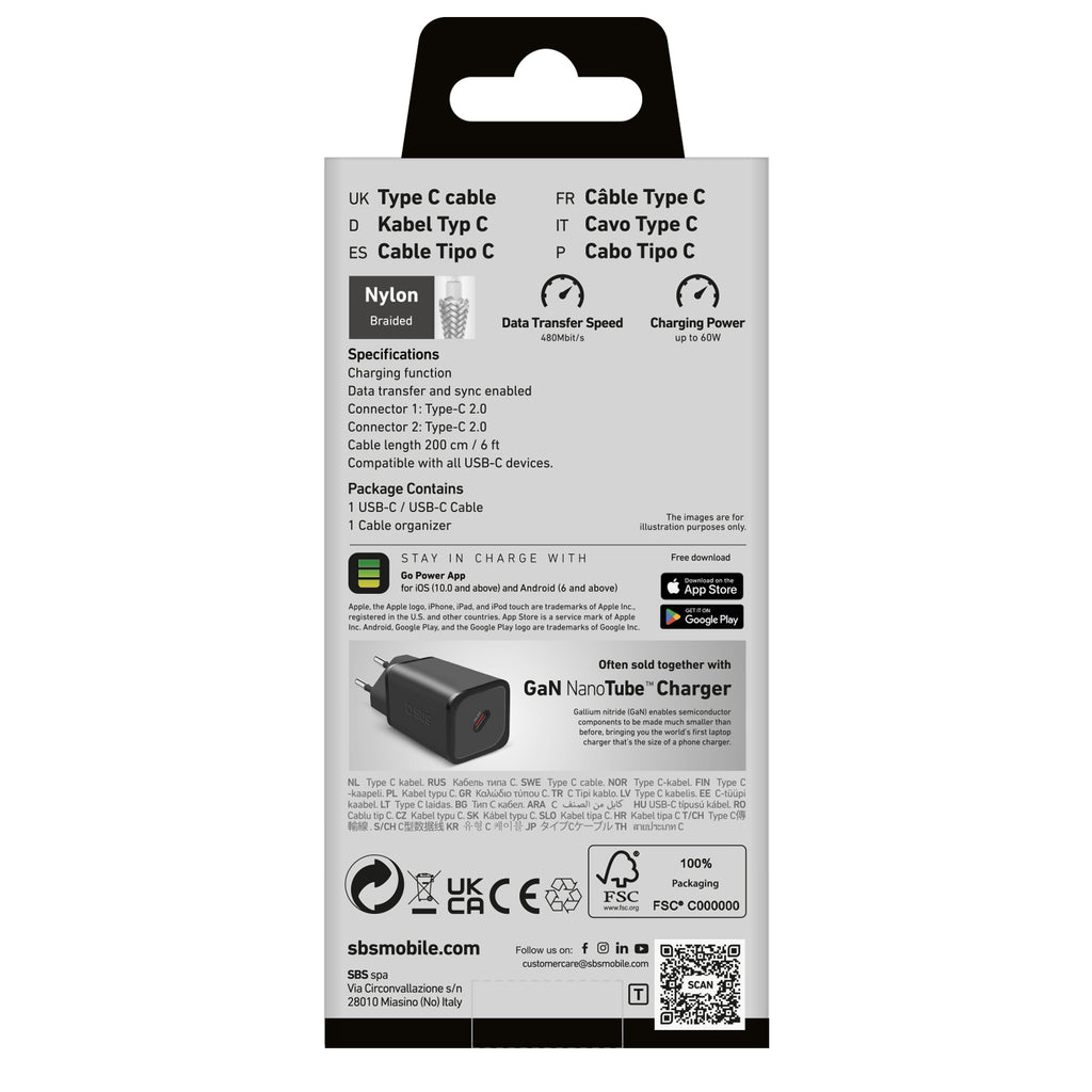 SBS TECABLETISSUETCC2G laidas 2 x USB-C 2m 60W su Power Delivery - pilkas