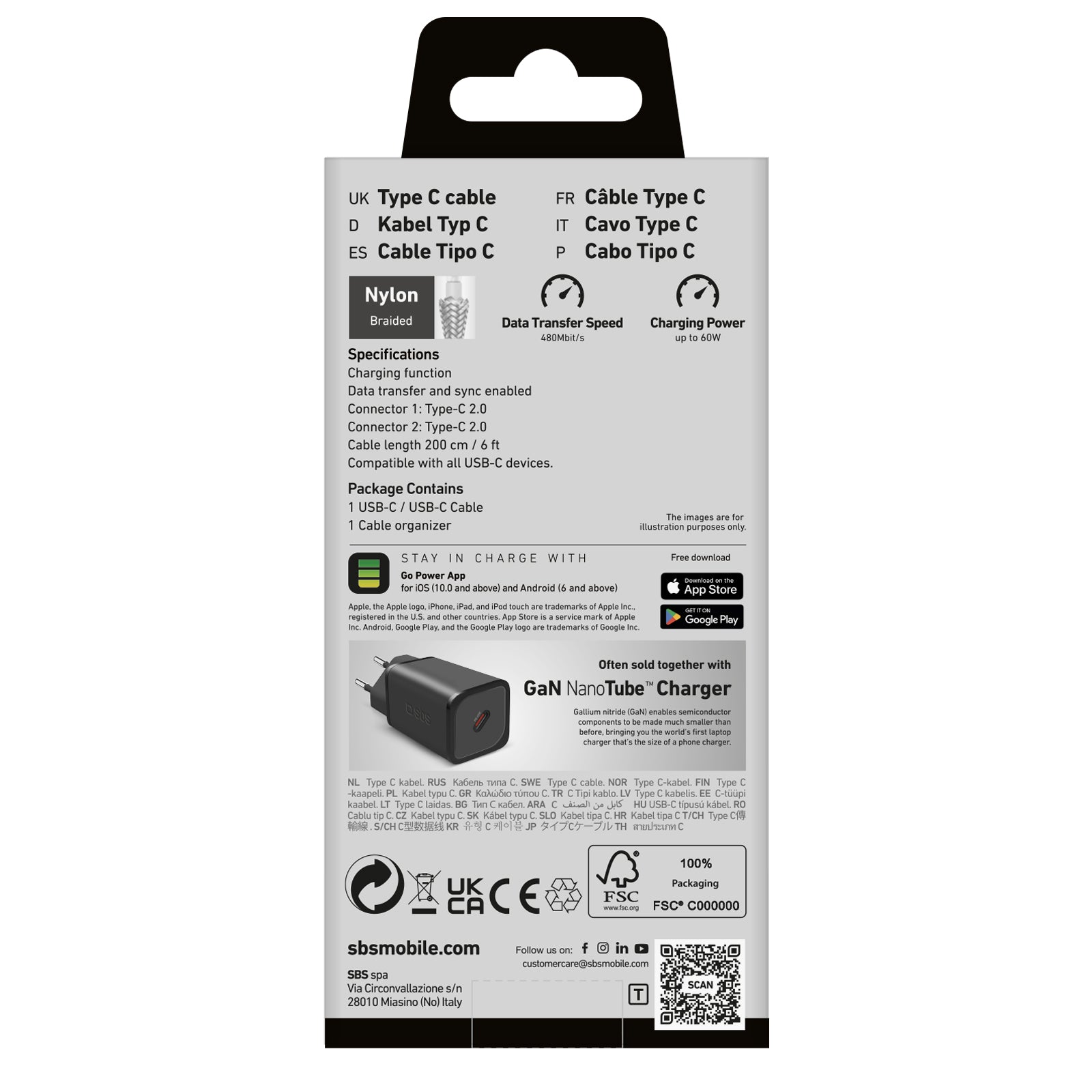 SBS TECABLETISSUETCC2G laidas 2 x USB-C 2m 60W su Power Delivery - pilkas