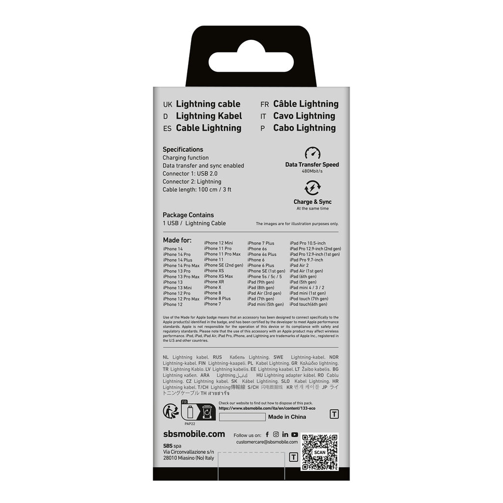 SBS TECABLEUSBIP589K USB-A - Lightning laidas 1m MFi sertifikuotas - juodas