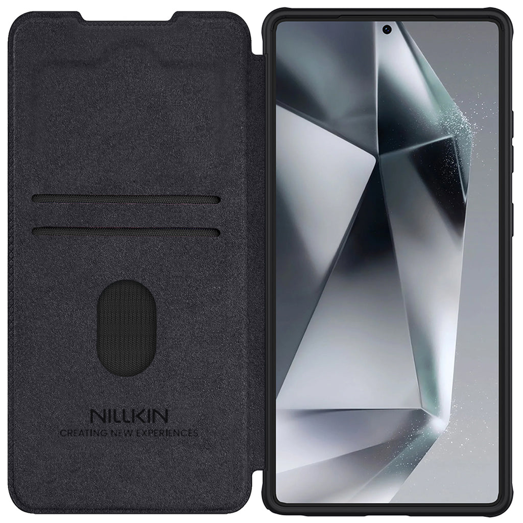 Nillkin Qin Pro dėklas Samsung Galaxy S25 Ultra su atvartu ir fotoaparato dangteliu - juodas -- Samsung Galaxy S25 Ultra