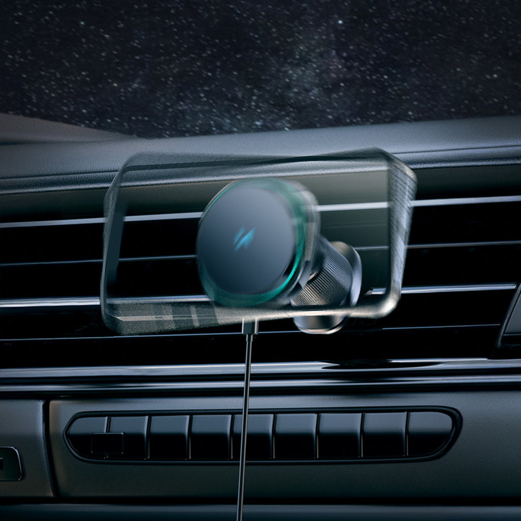 Wozinsky WCT5-Q6S2Y automobilinis laikiklis ventiliacijos grotelėms su Qi/MagSafe 15W indukciniu įkrovikliu ir ventiliatoriumi juodas