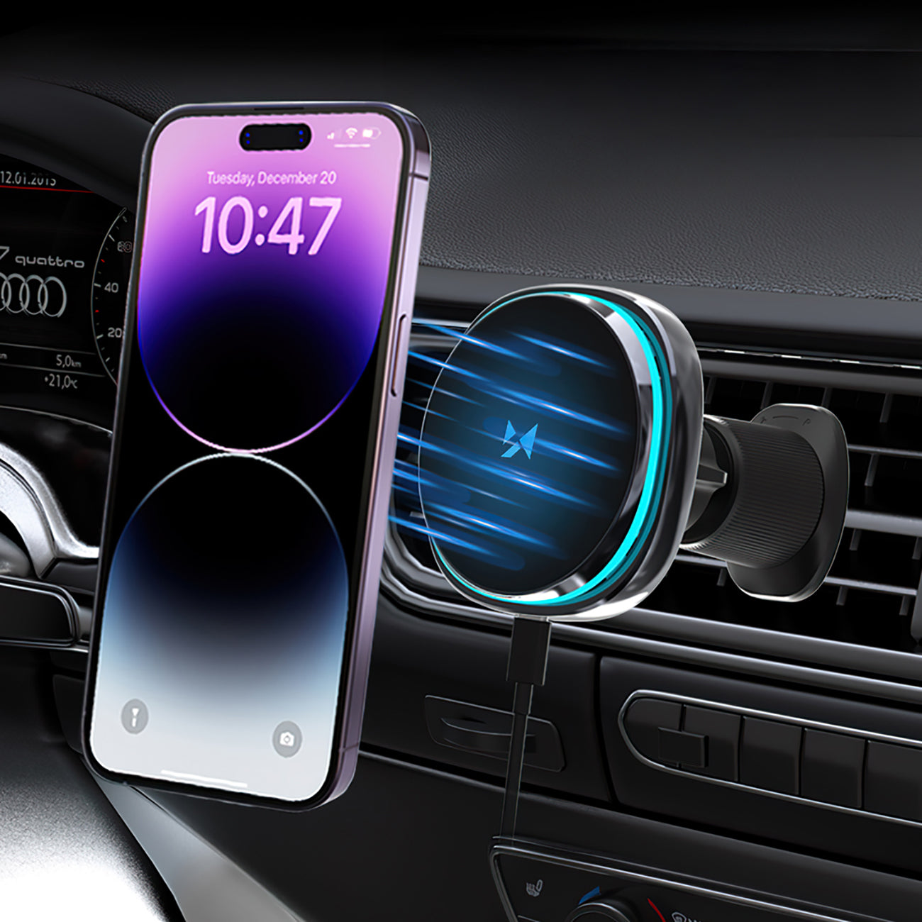 Wozinsky WCT5-Q6S2Y automobilinis laikiklis ventiliacijos grotelėms su Qi/MagSafe 15W indukciniu įkrovikliu ir ventiliatoriumi juodas
