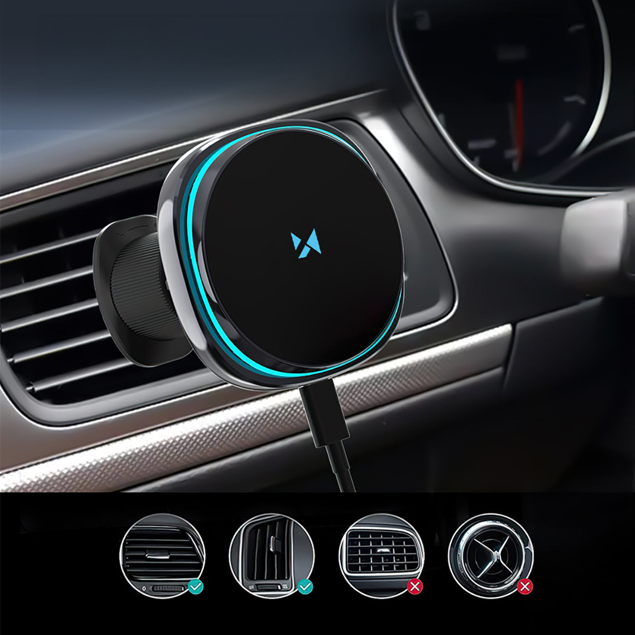 Wozinsky WCT5-Q6S2Y automobilinis laikiklis ventiliacijos grotelėms su Qi/MagSafe 15W indukciniu įkrovikliu ir ventiliatoriumi juodas