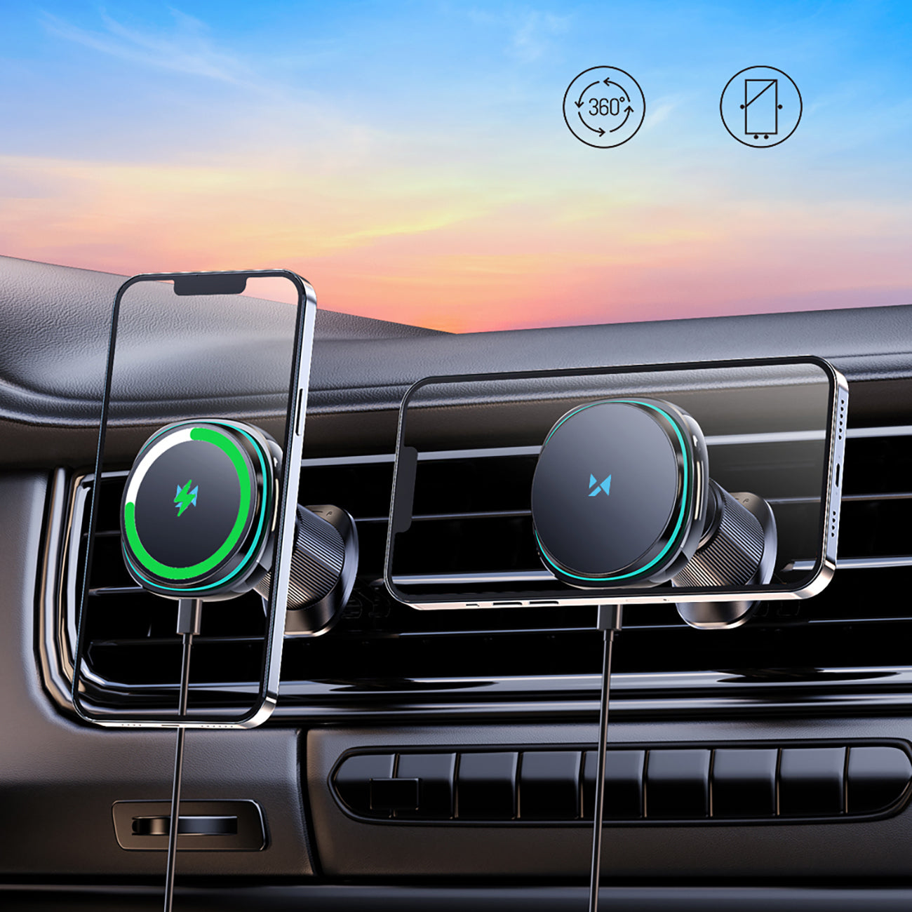 Wozinsky WCT5-Q6S2Y automobilinis laikiklis ventiliacijos grotelėms su Qi/MagSafe 15W indukciniu įkrovikliu ir ventiliatoriumi juodas