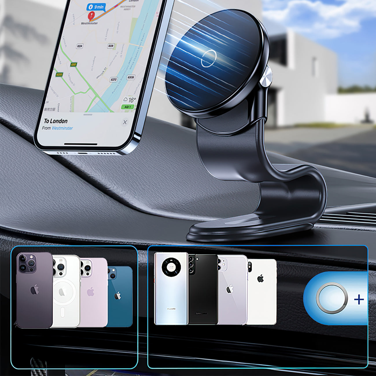 Wozinsky WCZ2Y2S magnetinis automobilinis laikiklis su 15W MagSafe indukciniu įkrovikliu automobilio kokpitui juodas
