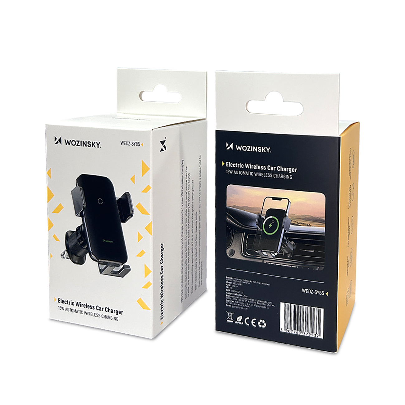 Wozinsky WEDZ-3Y8S spaustukinis automobilinis laikiklis su 15W indukciniu įkrovikliu telefonui ant oro grotelių juodas