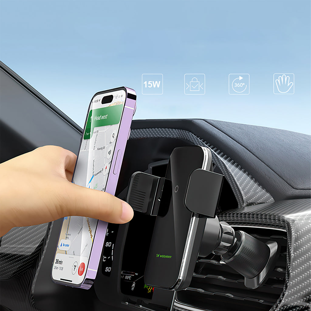 Wozinsky WEDZ-3Y8S spaustukinis automobilinis laikiklis su 15W indukciniu įkrovikliu telefonui ant oro grotelių juodas