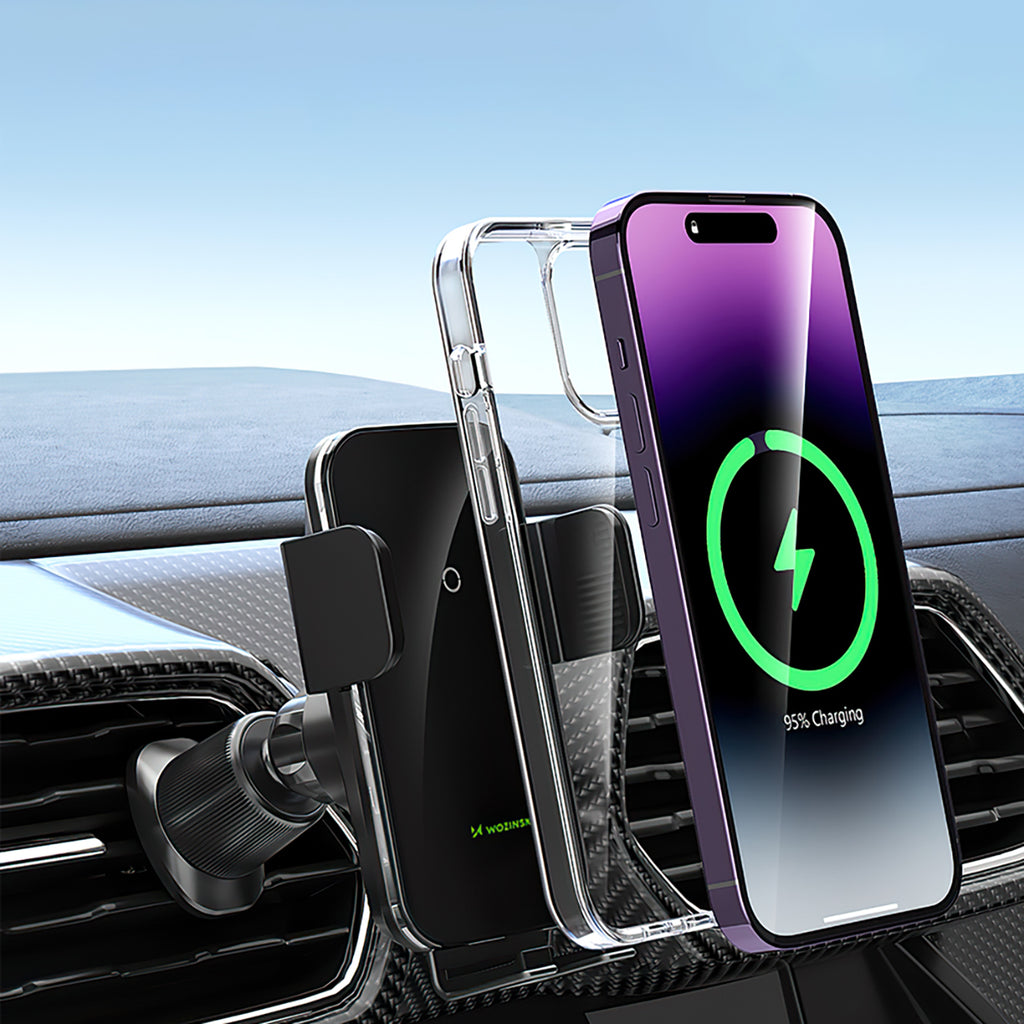 Wozinsky WEDZ-3Y8S spaustukinis automobilinis laikiklis su 15W indukciniu įkrovikliu telefonui ant oro grotelių juodas