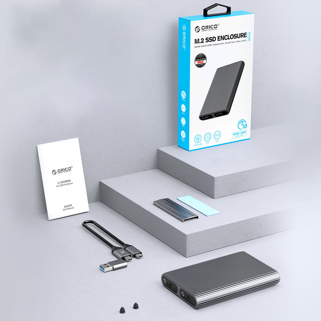Orico AM2C3-2N dvigubas diskų šaltis dviems M.2 NVME USB-C 3.2 10Gb/s diskams - pilka -- Hard Drive Adapters