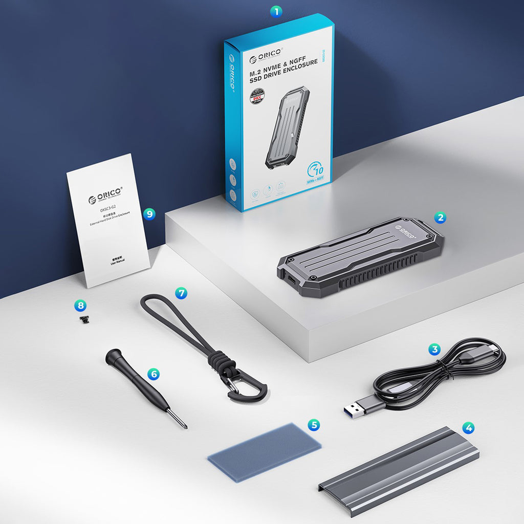 Orico OXS2C3-G2 M.2 NVMe/SATA SSD USB-C 3.2 Taktinis Sustiprintas Diskų Dėklas - Pilkas -- Hard Drive Adapters