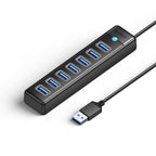 Orico PW7U-U3 sujungimo dėžė 7x USB-A 3.0 + USB-C 5V/3A 1m - juoda -- USB Hubs