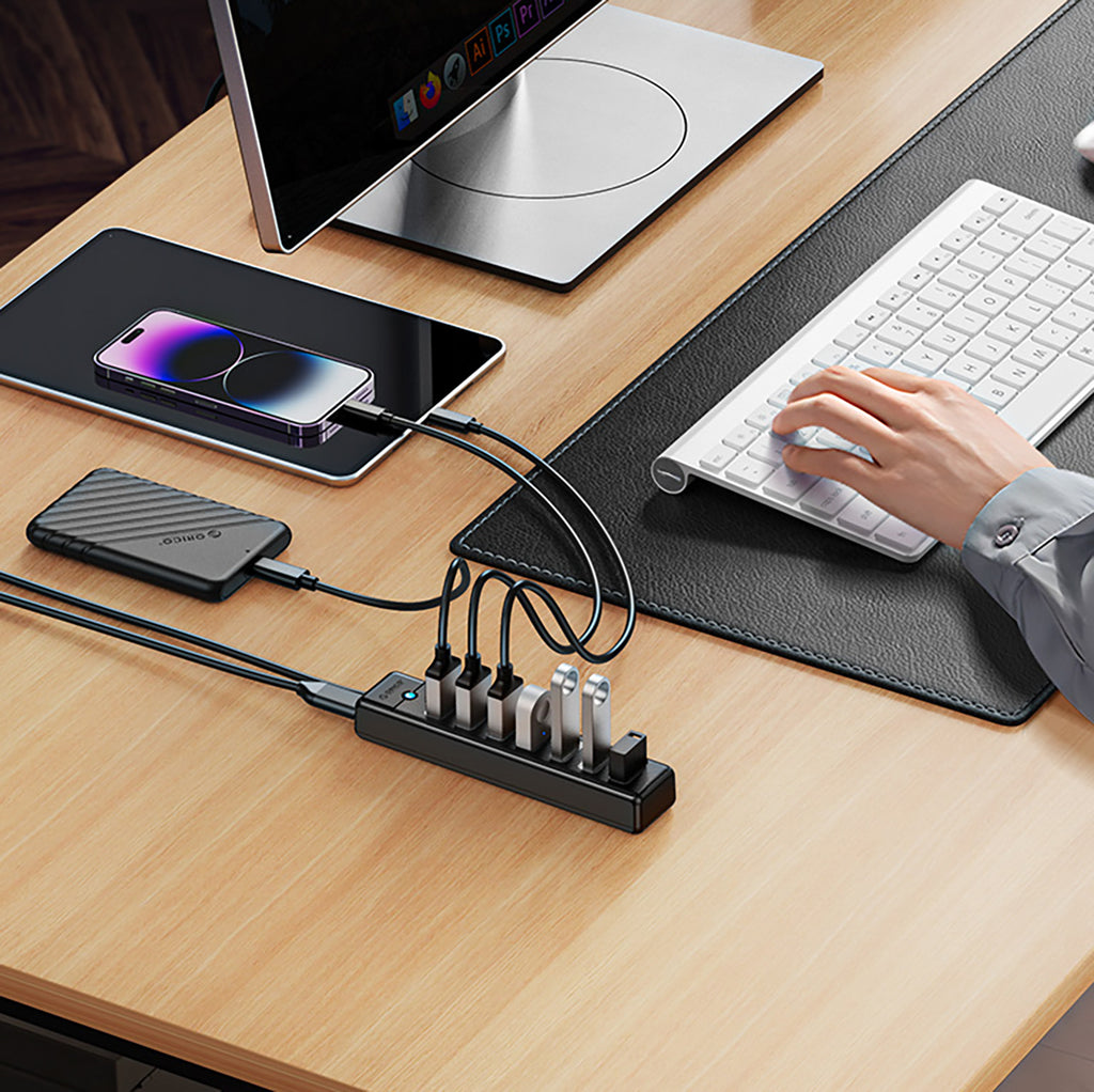 Orico PW7U-U3 sujungimo dėžė 7x USB-A 3.0 + USB-C 5V/3A 1m - juoda -- USB Hubs