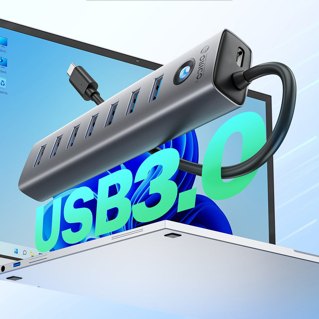 Orico CL7U-U3 sujungimo dėžė 7x USB-A 3.0 + USB-C 5V/3A 1m - pilka -- USB Hubs