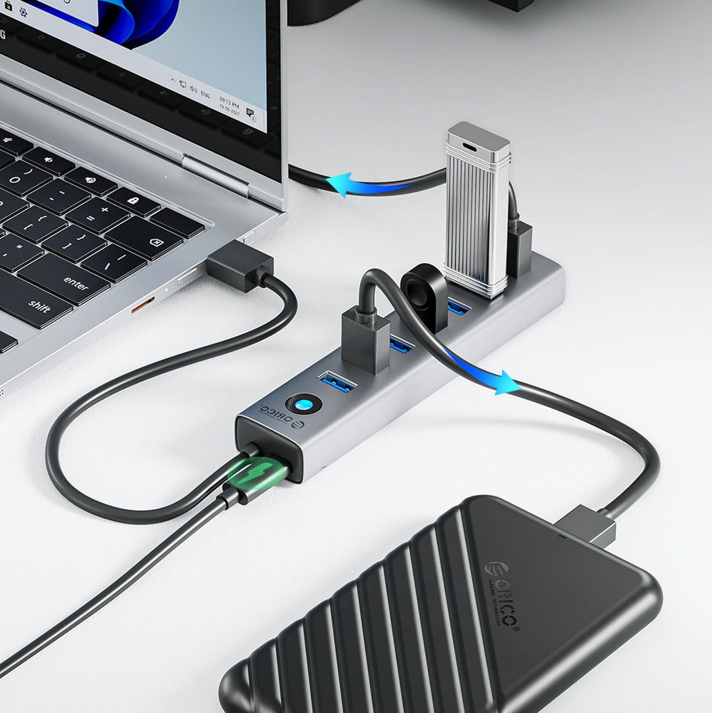 Orico CL7U-U3 sujungimo dėžė 7x USB-A 3.0 + USB-C 5V/3A 1m - pilka -- USB Hubs