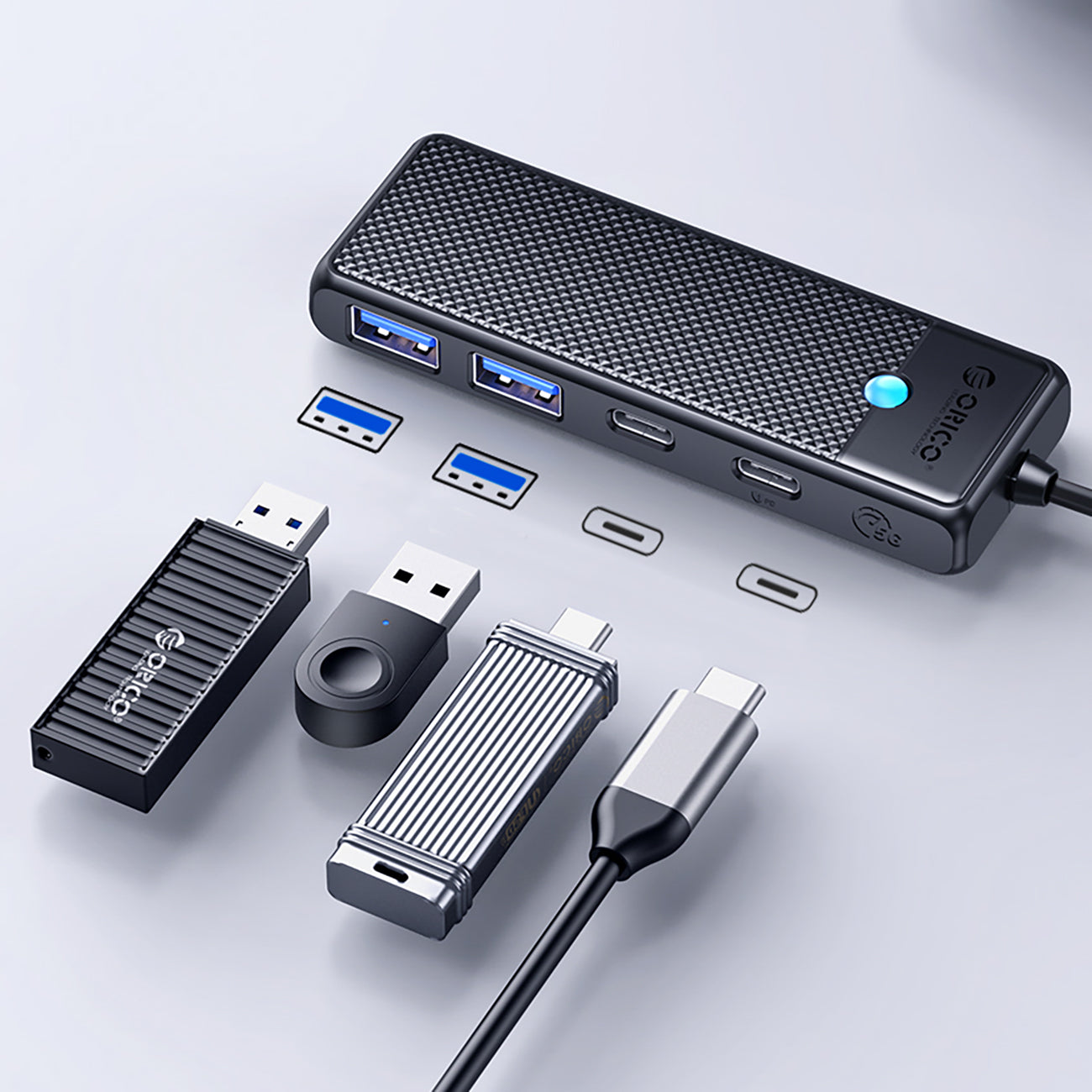 USB-C Hub Orico PAPW2AC-C3 prijungimo stotis 2x USB-A 3.0 + 2x USB-C 3.0 - juoda -- USB Hubs