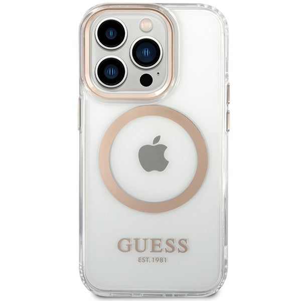 Guess Metal Outline MagSafe dėklas iPhone 15 Pro – auksinis