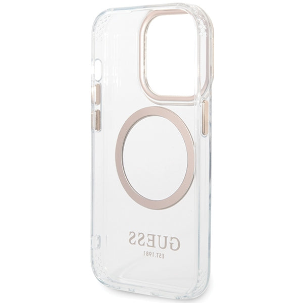 Guess Metal Outline MagSafe dėklas iPhone 15 Pro – auksinis