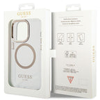Guess Metal Outline MagSafe dėklas iPhone 15 Pro – auksinis