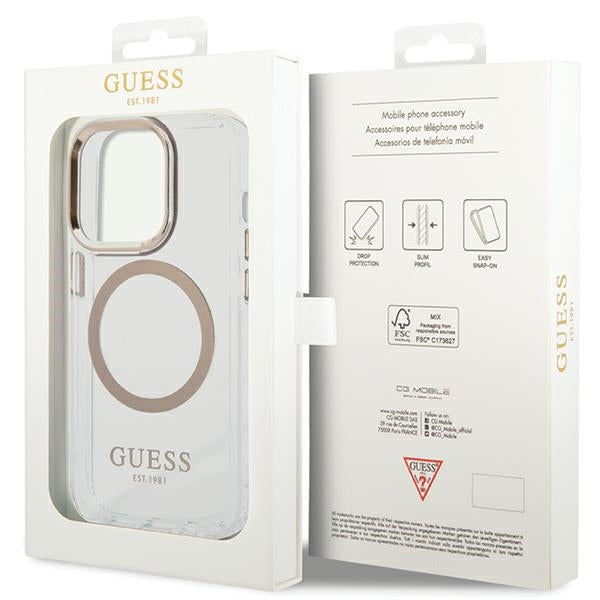 Guess Metal Outline MagSafe dėklas iPhone 15 Pro – auksinis