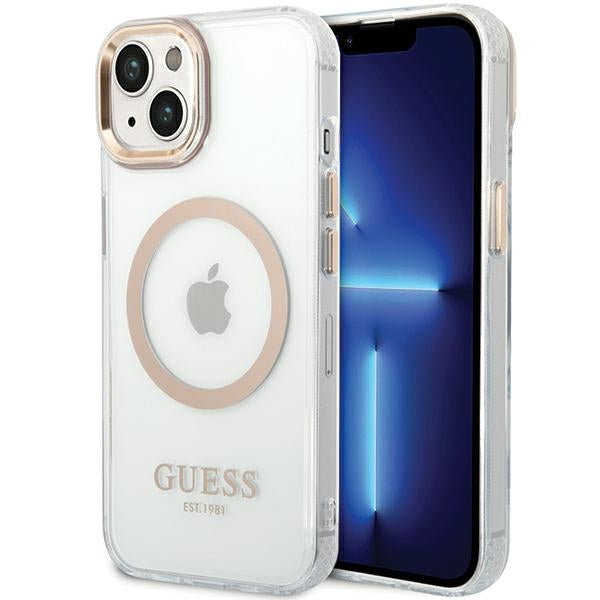 Guess Metal Outline MagSafe dėklas iPhone 15 Plus / 14 Plus – auksinis