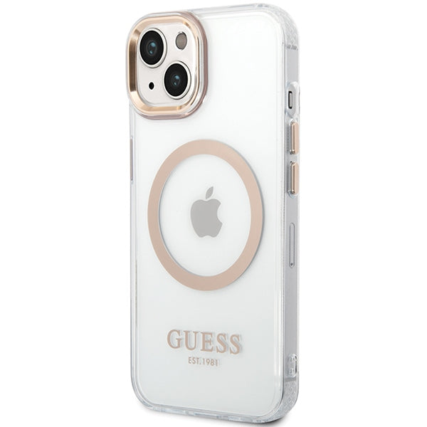 Guess Metal Outline MagSafe dėklas iPhone 15 Plus / 14 Plus – auksinis