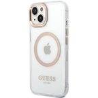 Guess Metal Outline MagSafe dėklas iPhone 15 Plus / 14 Plus – auksinis