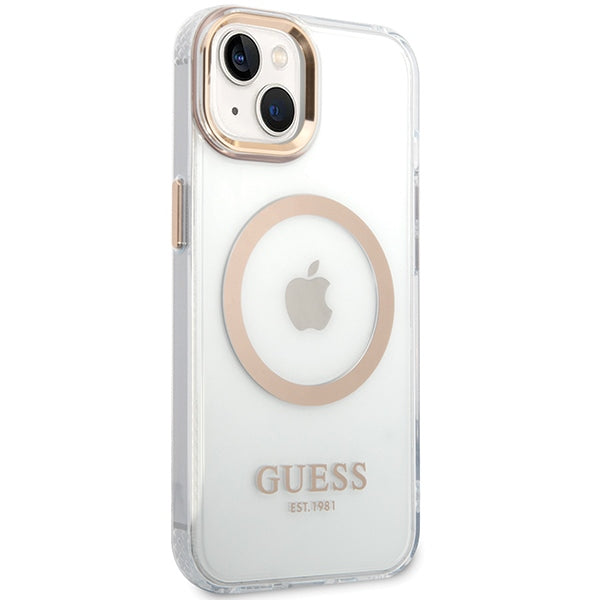 Guess Metal Outline MagSafe dėklas iPhone 15 Plus / 14 Plus – auksinis