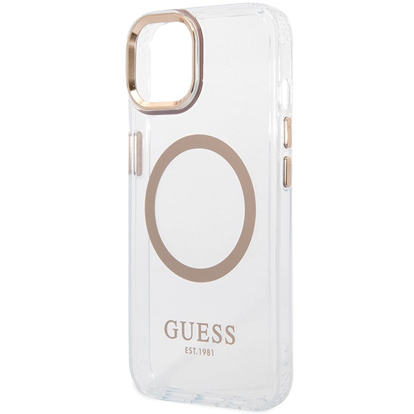 Guess Metal Outline MagSafe dėklas iPhone 15 Plus / 14 Plus – auksinis