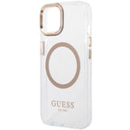 Guess Metal Outline MagSafe dėklas iPhone 15 Plus / 14 Plus – auksinis
