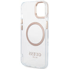 Guess Metal Outline MagSafe dėklas iPhone 15 Plus / 14 Plus – auksinis
