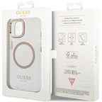 Guess Metal Outline MagSafe dėklas iPhone 15 Plus / 14 Plus – auksinis