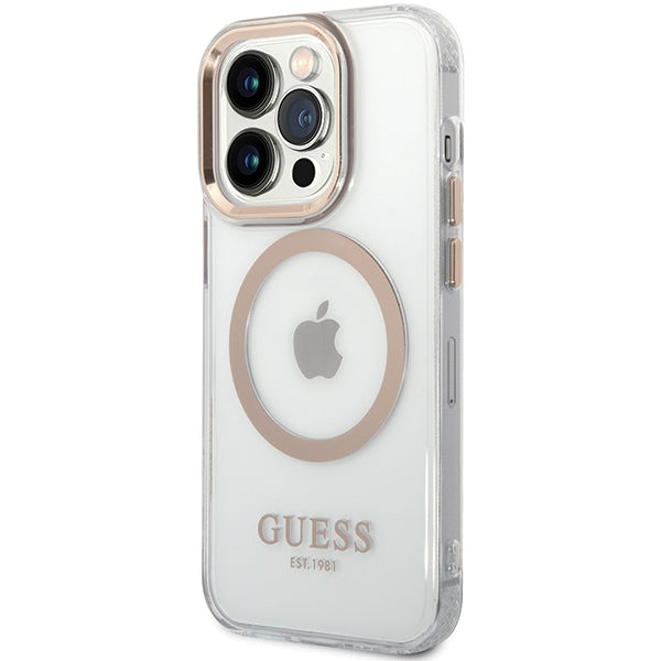 Guess Metal Outline MagSafe dėklas iPhone 15 Pro Max – auksinis