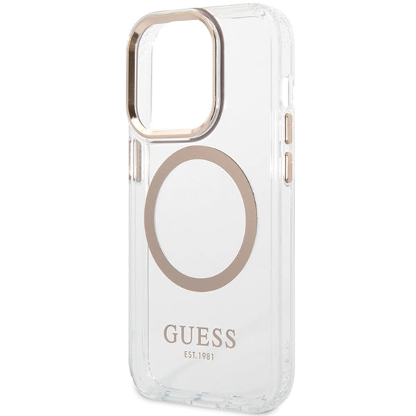 Guess Metal Outline MagSafe dėklas iPhone 15 Pro Max – auksinis