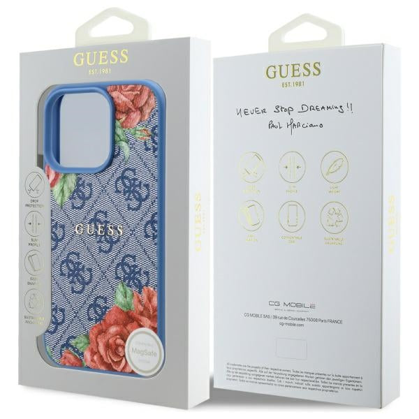 Guess MagSafe dėklas iPhone 16 Pro – mėlynas, 4G Flowers