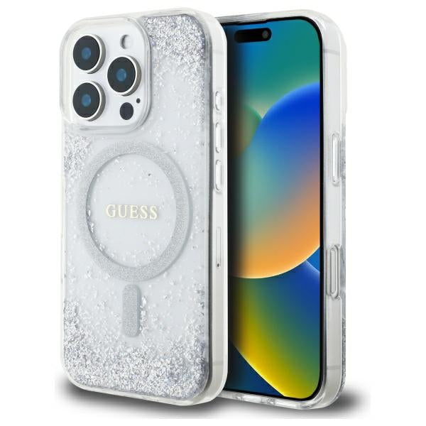 Guess MagSafe dėklas iPhone 16 Pro – sidabrinis