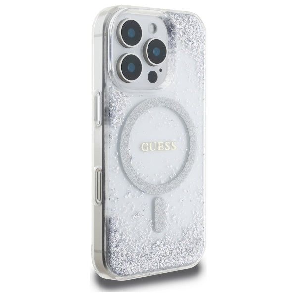 Guess MagSafe dėklas iPhone 16 Pro – sidabrinis