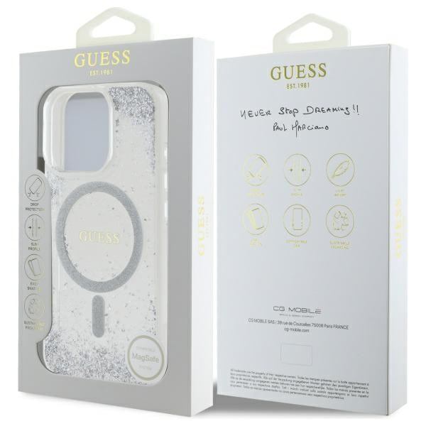 Guess MagSafe dėklas iPhone 16 Pro – sidabrinis