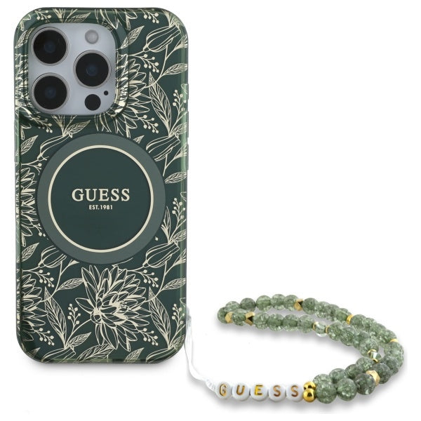 Guess MagSafe dėklas iPhone 16 Pro Max – žalias, su dirželiu
